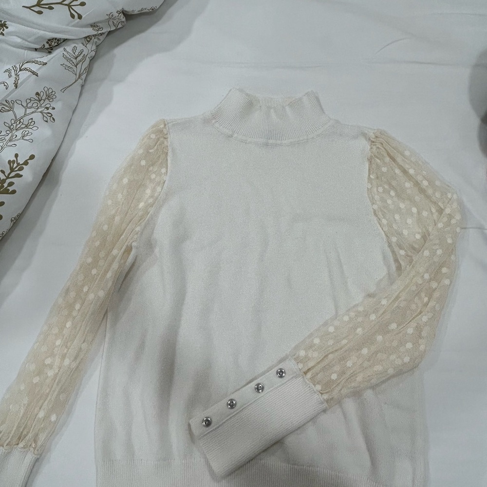 Talbots Cream Sweater with Sheer Polka Dot Sleeves